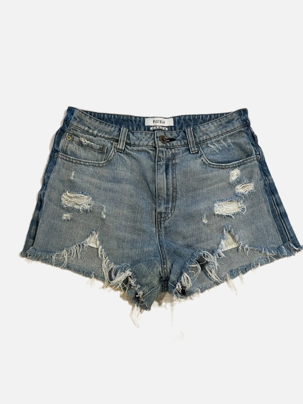 pistola Distressed High-Rise Cutoff Jean Shorts in Light Blue Denim 29